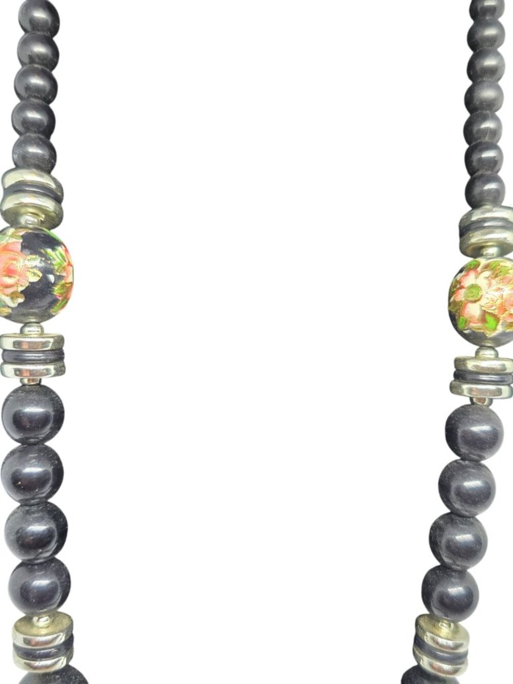Vintage Black Beaded Cloisonné Floral Necklace Gold Tone Spacers Statement 24” - Picture 4 of 9